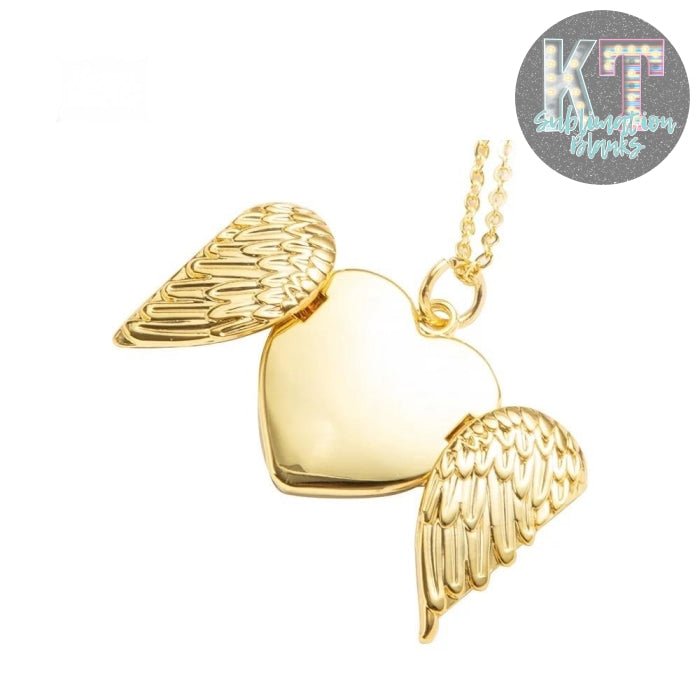 Sublimation Blanks Angel Wings Heart Necklace. Locket Necklace with Magnetic closure In Golden - KT SUBLIMATION, DTF AND MORE LLC