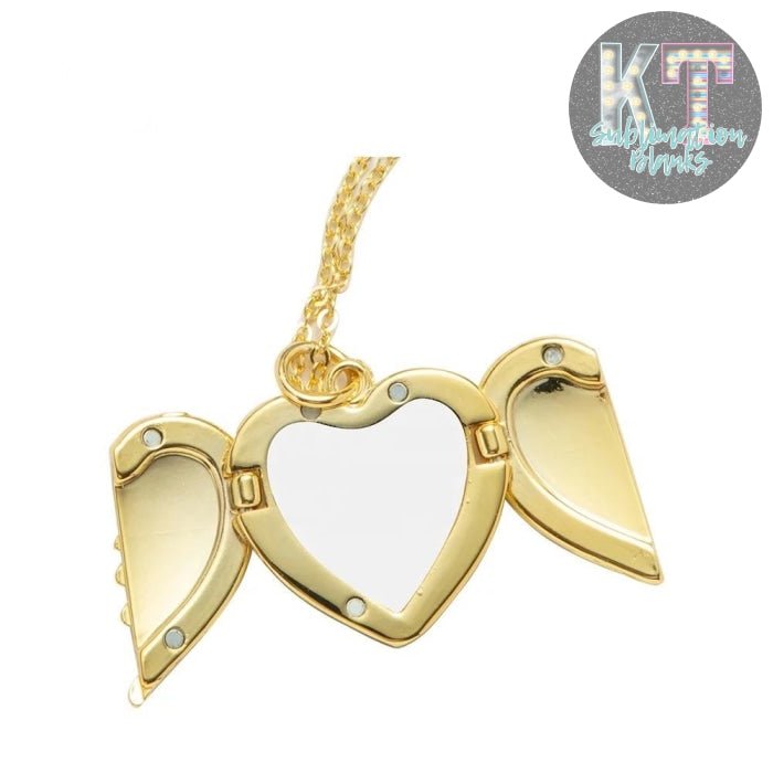 Sublimation Blanks Angel Wings Heart Necklace. Locket Necklace with Magnetic closure In Golden - KT SUBLIMATION, DTF AND MORE LLC