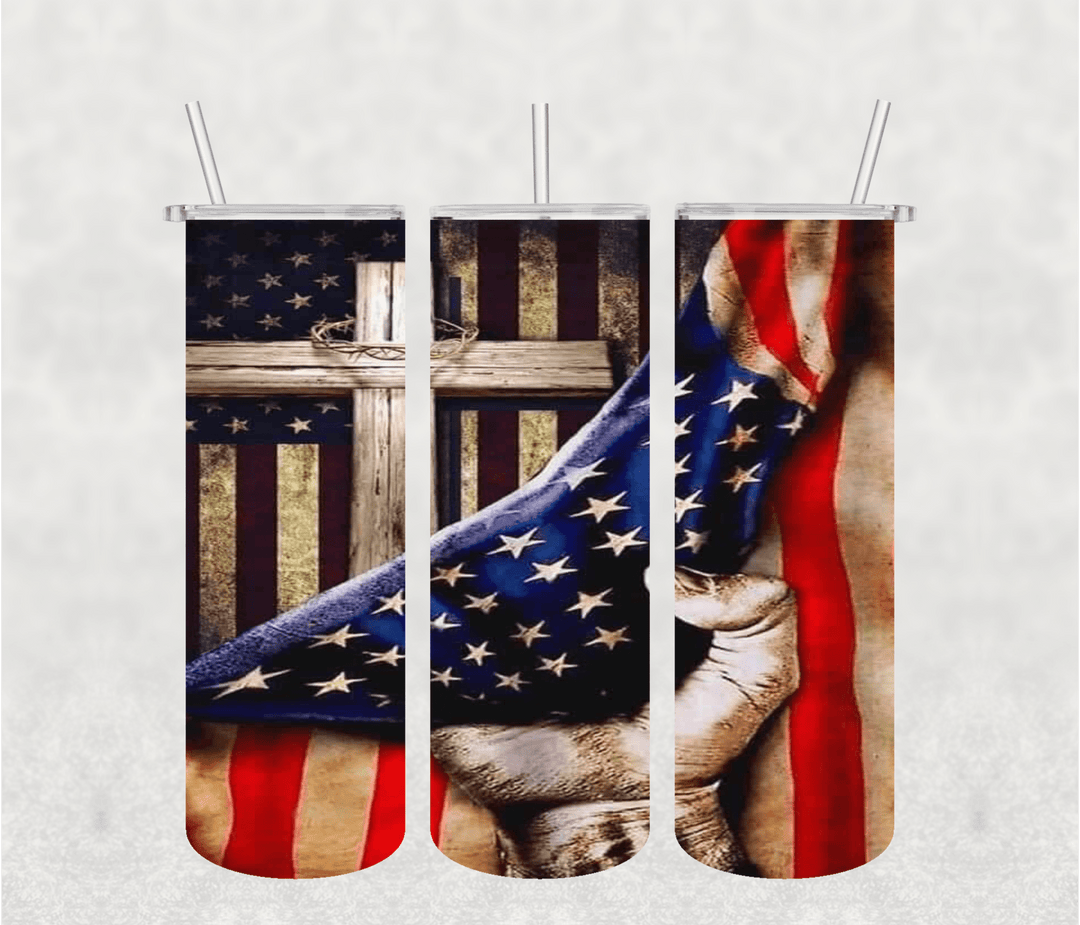 USA Flag and Cross 20oz Tumbler Sublimation Print - KT SUBLIMATION, DTF AND MORE LLC